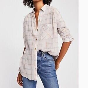 Womens Free People brand stride metallic pink gold plaid oversized tunic top sm.